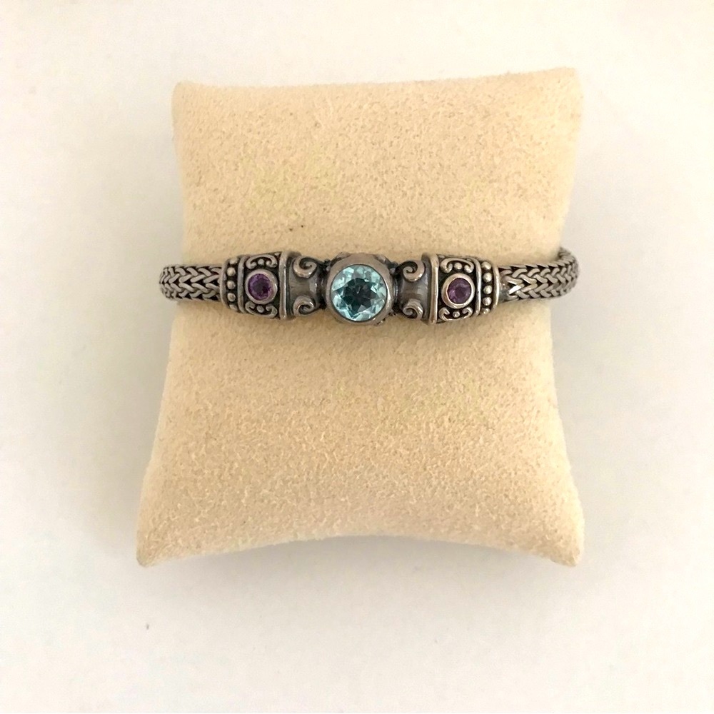 Vintage KC Indo Sterling Silver Blue Topaz Amethyst Spiga Wheat Bracelet 8" 35 g